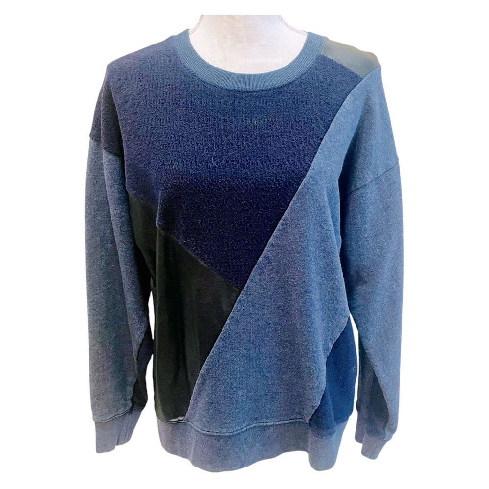Madewell Blue and Black Faux Leather Colorblock Sweatshirt Medium